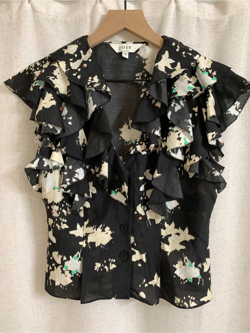 Joie 100% Silk Sample Sale Black Floral Ruffle Button-Front Blouse Small Crop